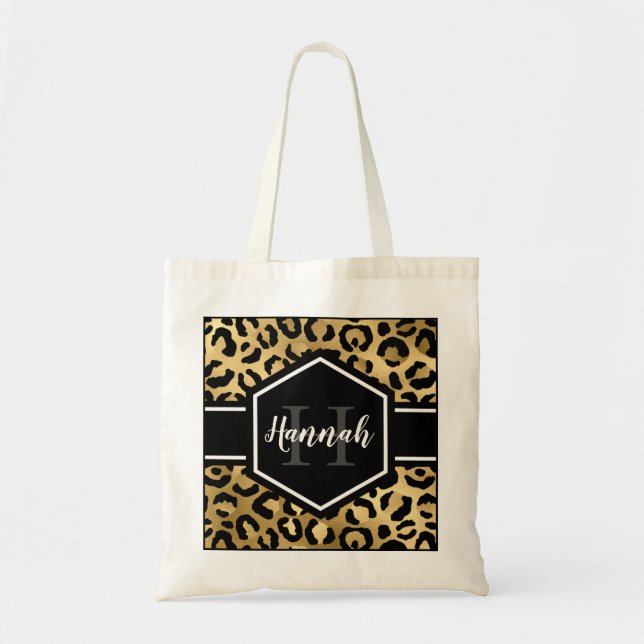 Gold Black Leopard Spots Monogram Tote Bag (Front)