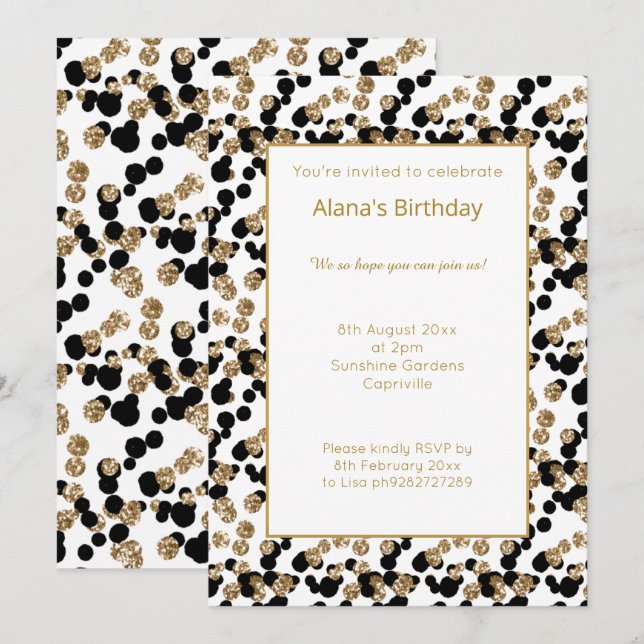 GOLD BLACK LEOPARD WHITE DIAMOND PRINT BIRTHDAY INVITATION (Front/Back)