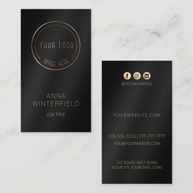 Gold black logo elegant modern social media business card (Front/Back)