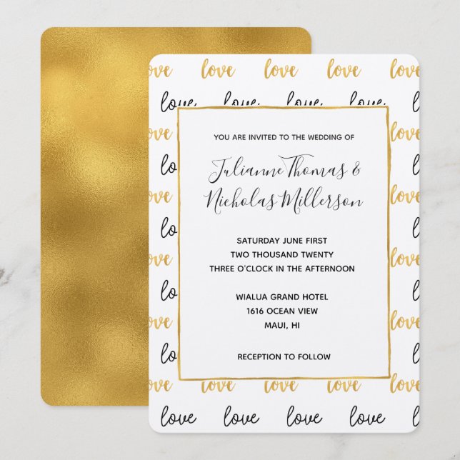 Gold Black Love Wedding Invites (Front/Back)