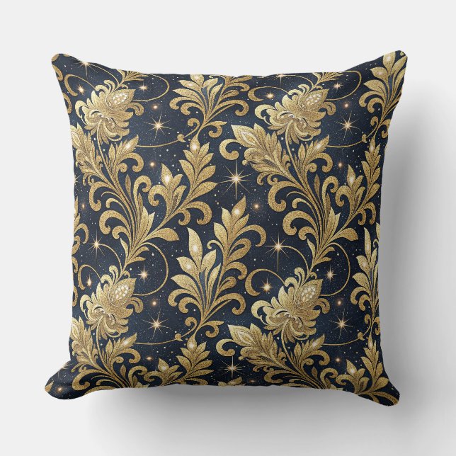 Gold & Black Luxurious Regal Damask Floral Pattern Cushion (Front)