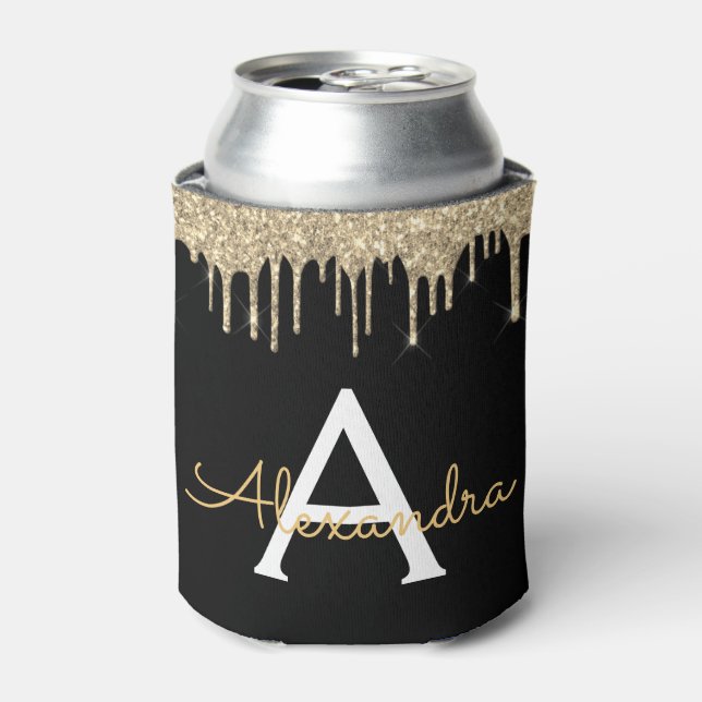 Gold Black Luxury Glitter Glam Monogram Name Can Cooler (Can Front)