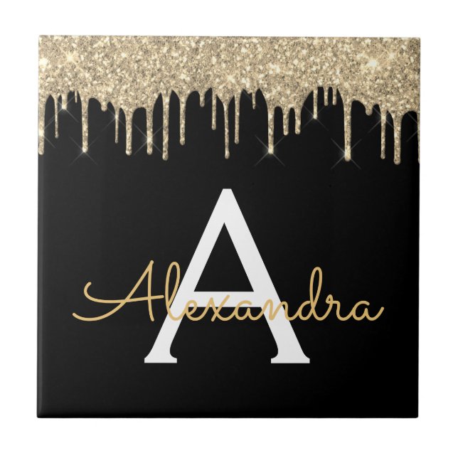 Gold Black Luxury Glitter Glam Monogram Name Ceramic Tile (Front)