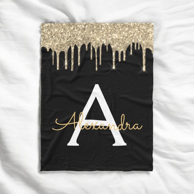 Gold Black Luxury Glitter Glam Monogram Name Fleece Blanket (Creator Uploaded)