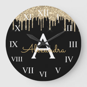 Gold Black Luxury Glitter Glam Monogram Name Large Clock