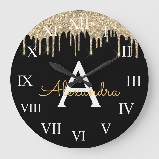 Gold Black Luxury Glitter Glam Monogram Name Large Clock (Front)