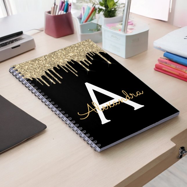 Gold Black Luxury Glitter Glam Monogram Name Notebook (Creator Uploaded)