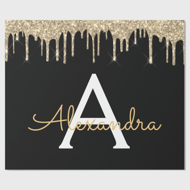 Gold Black Luxury Glitter Glam Monogram Name Wrapping Paper (Flat)