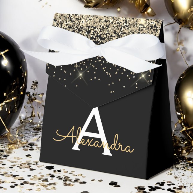 Gold Black Luxury Glitter Monogram Favour Box (Creator Uploaded)