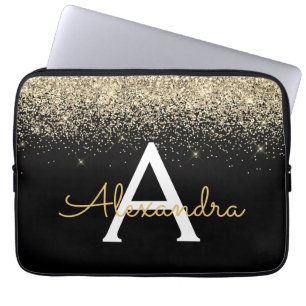Gold Black Luxury Glitter Sparkle Monogram Laptop Sleeve