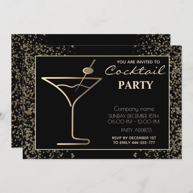 Gold black luxury holiday cocktail party  invitation (Front/Back)