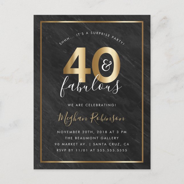 Gold & Black Marble 40 & Fabulous Surprise Party Invitation Postcard (Front)