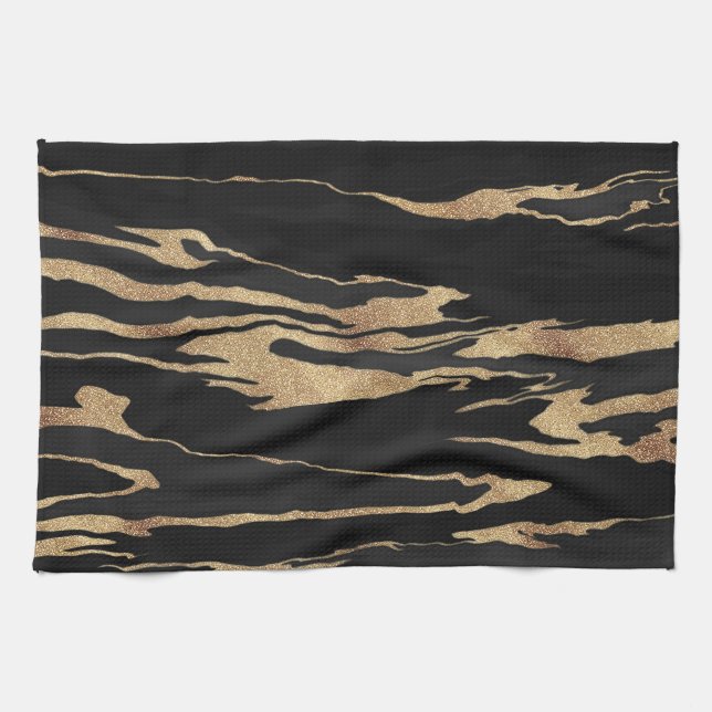 Gold Black Marble Abstract Painting Tea Towel (Horizontal)