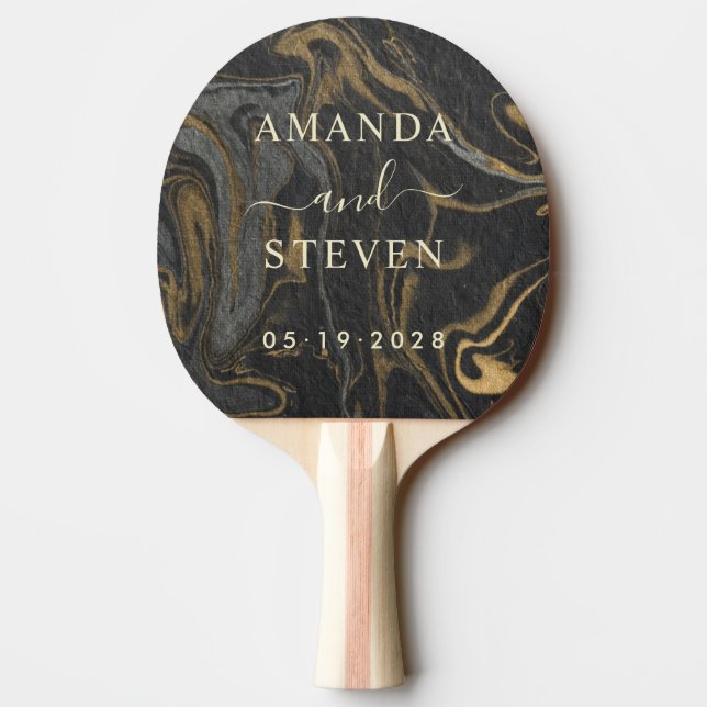 Gold Black Marble Couple Names with Wedding Date Ping Pong Paddle (Back)