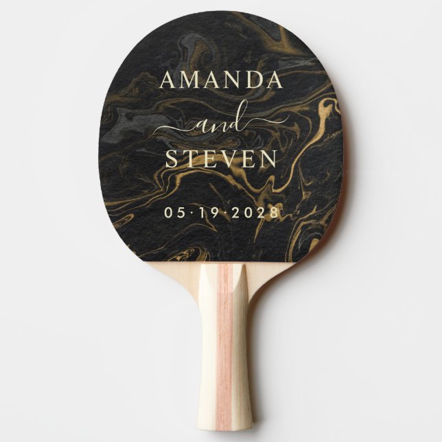 Gold Black Marble Couple Names with Wedding Date Ping Pong Paddle (Back)