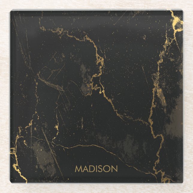 Gold Black Marble Glass Coaster (Front)