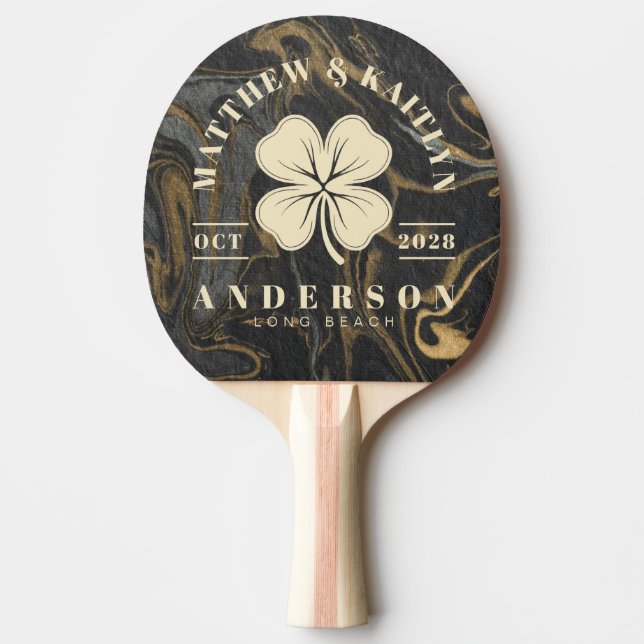 Gold Black Marble Irish Lucky Clover Wedding Crest Ping Pong Paddle (Front)