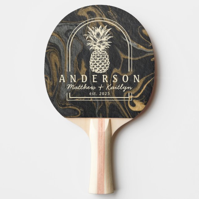 Gold Black Marble Pineapple Wedding Arch & Name Ping Pong Paddle (Front)