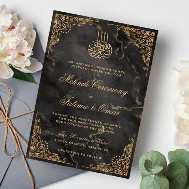 Gold Black Marble slamic Muslim Mehndi Ceremony Invitation (Creator Uploaded)