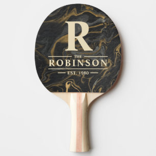 Gold Black Marble Swirl Family Name & Initial Ping Pong Paddle