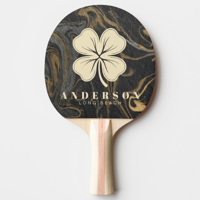 Gold Black Marble Swirl Four Leaf Clover with Name Ping Pong Paddle (Front)
