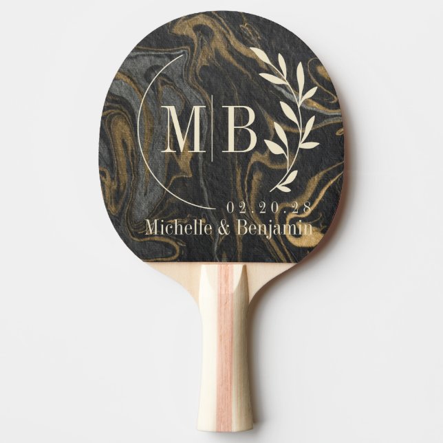 Gold Black Marble Swirl Leaf Wedding Monogram Ping Pong Paddle (Front)