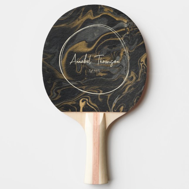 Gold Black Marble Swirl Name in Drawn Circle  Ping Pong Paddle (Front)