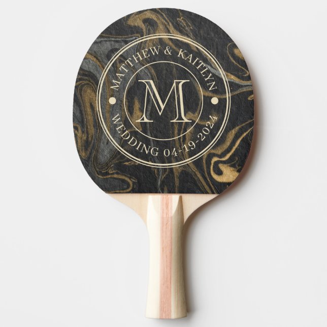 Gold Black Marble Swirl Stone Wedding Monogram Ping Pong Paddle (Front)