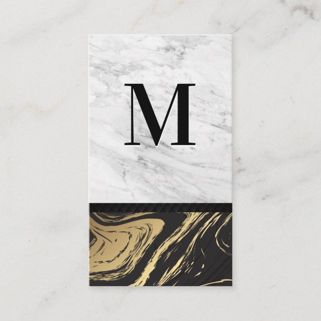 Gold Black Marble | White Marble Engraved Monogram Business Card (Front)