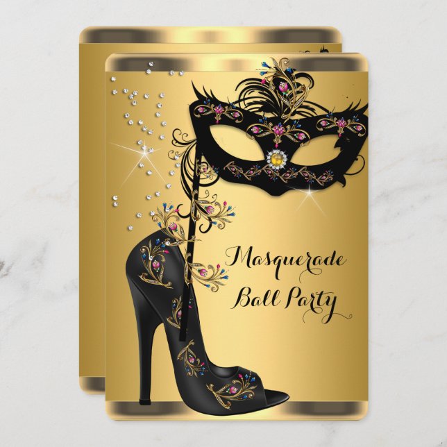 Gold Black Masquerade Ball Party Mask Jewel Invitation (Front/Back)