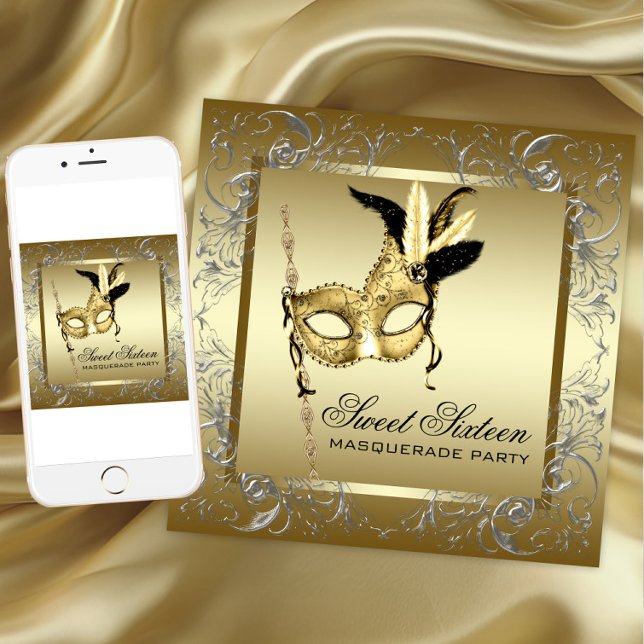 Gold Black Masquerade Party Invitation (Any occasion masquerade party invitation. Add your text. Download and printed invitations available.)