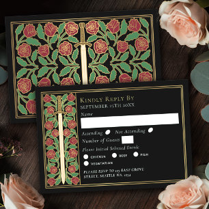 Gold Black Mediaeval Floral Sword Wedding RSVP Card