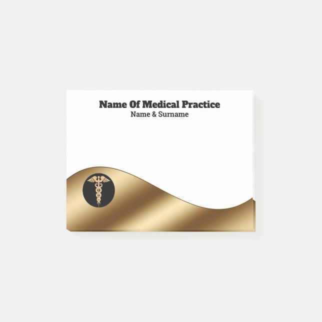 Gold black medical caduceus on white business post-it notes (Front)