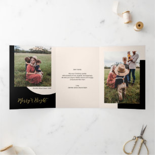 Gold & Black   Merry & Bright Christmas Photo Tri-Fold Holiday Card