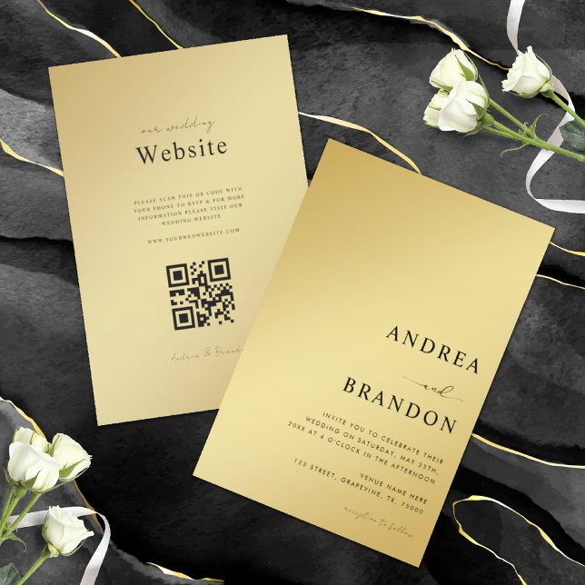Gold & Black Metallic QR Code All in One Wedding Invitation (Creator Uploaded)
