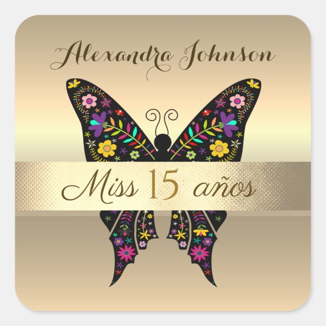 Gold Black Mexican Floral Butterfly Miss 15 Anos Square Sticker (Front)