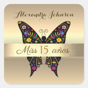 Gold Black Mexican Floral Butterfly Miss 15 Anos Square Sticker