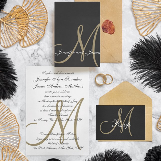 Gold Black Minimal Script Monogram Wedding RSVP Invitation Postcard (Creator Uploaded)