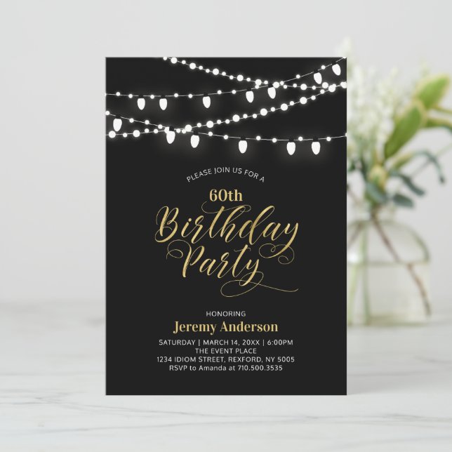 Gold & Black Modern 60th Adult Birthday Party Invitation (Standing Front)