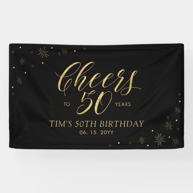 Gold & Black Modern Cheers 50th Birthday Party Banner (Horizontal)