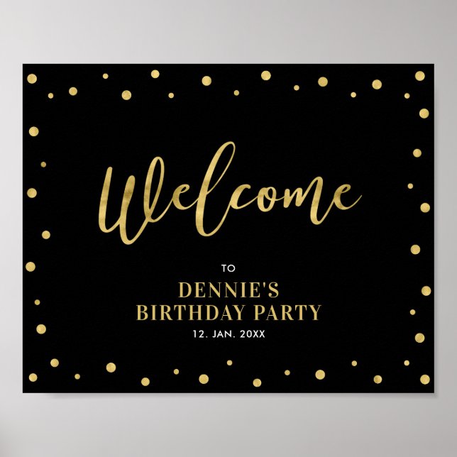 Gold & Black | Modern Confetti Welcome Party Sign (Front)