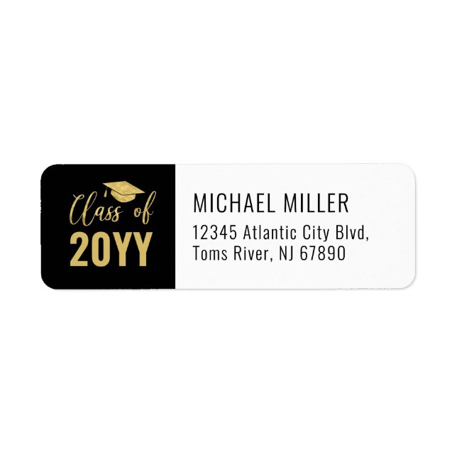 Gold & Black Modern Graduation Cap Address Labels (Front)