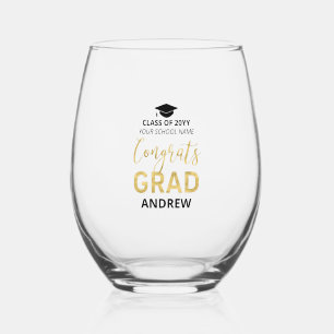  Gold & Black   Modern Graduation Gift Custom Name Stemless Wine Glass
