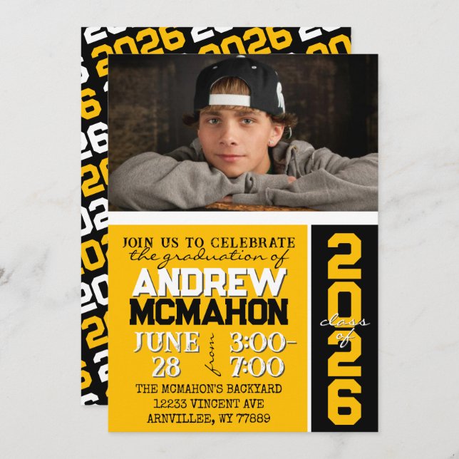 Gold & Black Modern Graduation Photo Invitation (Front/Back)