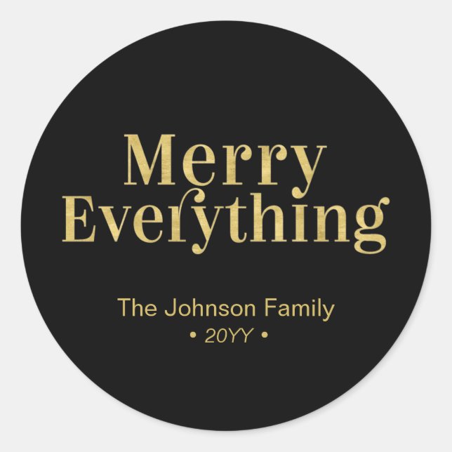Gold & Black Modern Merry Everything Christmas Classic Round Sticker (Front)