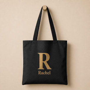 Gold/ Black Modern Minimal Monogram Name Tote Bag