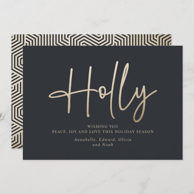 Gold black modern minimal script elegant holiday card (Front/Back)