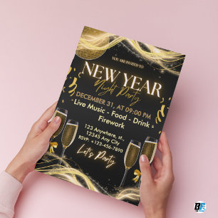Gold & Black Modern  New Year Night Party Invitation