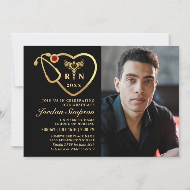 Gold Black Modern Nursing School Graduation Party Invitation (Front)