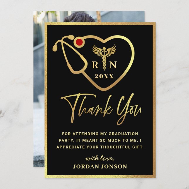Gold Black Modern Nursing School Graduation Thank You Card (Front/Back)